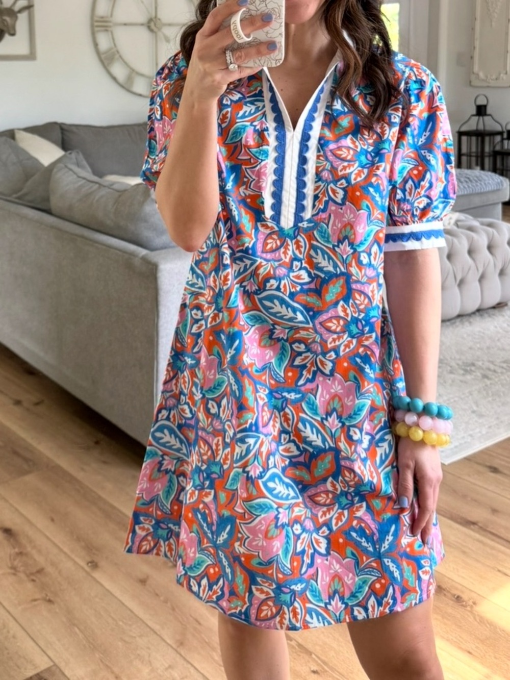 ' Floral V-Neck Dress in Pink & Blue & Orange🎆